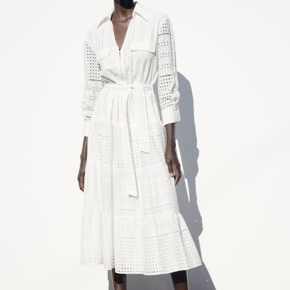 Zara openwork embroidered White dress long sleeve Sz S